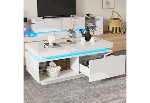 OKWISH Hochglanz Couchtisch mit LED-Beleuchtung, 100x50x40 cm, elegant und praktisch