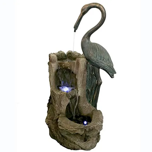 Köhko® Wasserspiel Kranich 12003 - Wasserspiel mit LED-Beleuchtung, ideal für Garten und Terrasse, schafft eine entspannende Atmosphäre und zieht Vögel an.