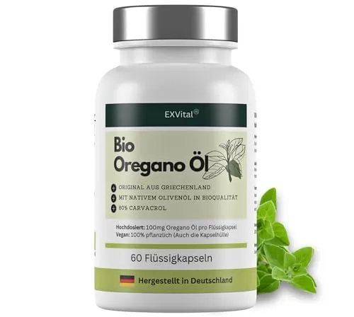 EXVital® Bio Oregano Öl, 60 Flüssigkapseln, 100mg Bio Oregano Öl gepaart mit 400mg Bio Olivenöl aus Griechenland, 80% Carvacrol, Ohne Zusätze & laborgeprüft
