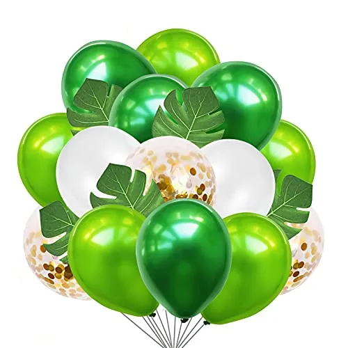 Luftballons Grün Weiß Gold 50 Stück, Jungle Luftballons Dunkelgrün Hellgrün Dschungel Ballons Helium Luftballons mit 10 Stück Palmblätter für Geburtstag Hochzeit Safari Tropische Sommer Party