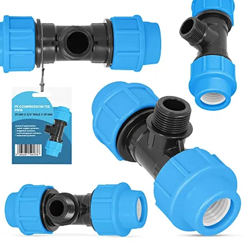 PE-Rohr T-Stück PN16 (25 mm x 3/4'' AG x 25 mm) Fitting Verbinder Wasserrohr Bewässerungssystem Dauerhaftes Verbindungsstück für Wasser Bewässerungssysteme Versorgungsleitung Pipeline Sprinklersystem