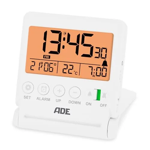 ADE Digitaler Reisewecker | Uhr mit Temperaturanzeige | Kleiner Wecker mit Licht | integrierter Klappspiegel im Deckel | einfache Bedienung | weiß