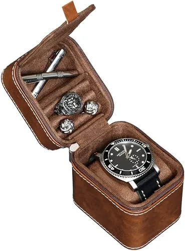 ROTHWELL Reiseetui für Einzeluhren, kompakte PU-Leder-Schutzhülle mit Mikrovelours-Innenseite, passend für Uhren und Smartwatches bis 55 mm (Hellbraun/Braun)