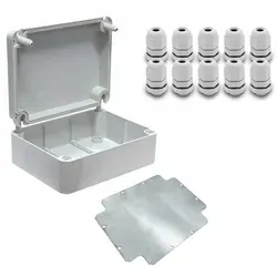 ARLI SET: Abzweigdose IP67 Aufputz 250 x 200 x 90 mm inkl. Montageplatte + 10x Kabelverschraubungen M12 x 1,5 mm