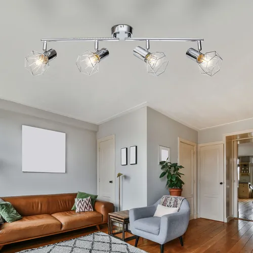 XARA Decken Spot Leiste 4er Strahler mit beweglichen Spots - Moderne Deckenleuchte aus Metall mit eleganten Chromkäfigen, ideal für individuelle Raumbeleuchtung. Flexibel einsetzbar und einfach zu montieren.