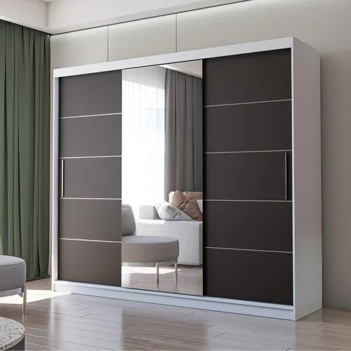 Schwebetürenschrank Alba 250cm Weiß/Schwarz mit Spiegel - Geräumiger dreitüriger Kleiderschrank mit Spiegelfront, ideal für Schlafzimmer und Ankleidezimmer. Verfügt über eine Kleiderstange und Einlegeböden für optimale Ordnung.