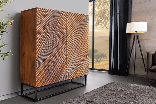 Riess-Ambiente Highboard ART 120cm - Massivholz mit 3D-Design - Hochschrank aus lackiertem Mangoholz mit 3D-Türen, 6 Fächern und stabilem Metallgestell für modernen Industrial-Style und viel Stauraum.