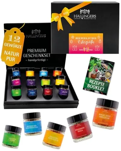 Hallingers Genuss Manufaktur Gewürze Geschenkset – 12 Premium Gewürze in Glas, edle Geschenkbox zum Kochen Würzen & Grillen, handverlesene Vielfalt, perfekte Geschenkidee zu Ostern für Männer & Frauen