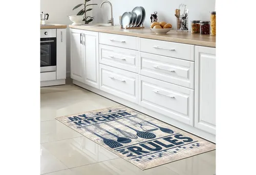 Carpetia Teppich Küchenläufer Teppich waschbar mit Kochutensilien und Schriftzug, rechteckig, Höhe: 5 mm