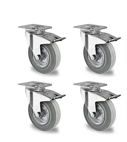 Rollensatz 4 Lenkrollen mit Feststeller 80 mm Vollgummi grau mit Stahlfelge