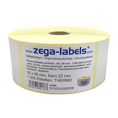 Thermo Etiketten auf Rolle - 50 x 80 mm - 1.000 Stück je Rolle - Kern: 25 mm - aussen gewickelt - permanent haftend - Druckverfahren: Thermodirekt (Drucken ohne Farbband)