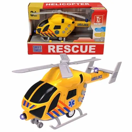 BEMIRO Feuerwehr-Hubschrauber Spielzeug – Ambulance & Rescue Helicopter – ca. 20 cm – realistisches Rettungsspielzeug für Kinder ab 3 Jahren – robust & kindgerecht – Helikopter für Rollenspiel (Gelb)