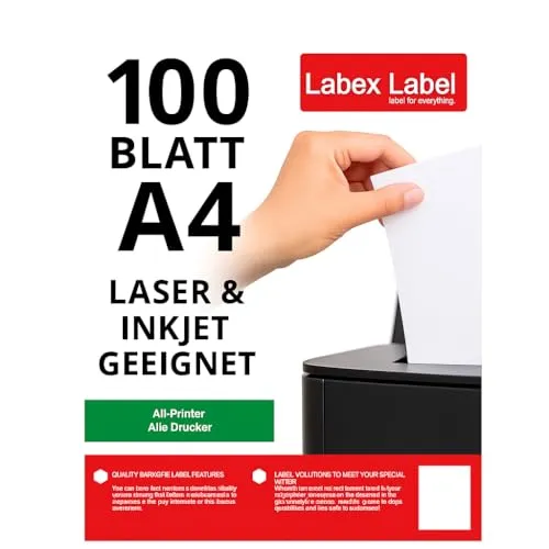 Produktbild Labex Label A4 Klebeetiketten zum Bedrucken – 100 Blatt Selbstklebende Etiketten A4 – Etikettenpapier für Drucker – Aufkleber zum Bedrucken