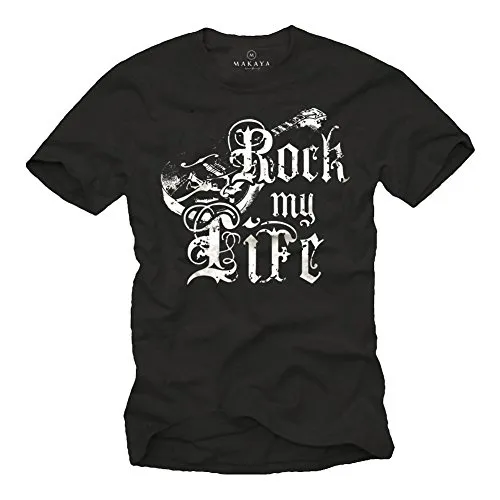 MAKAYA Vintage Band T-Shirt für Herren Schwarz Rock My Life Gitarre Größe XL