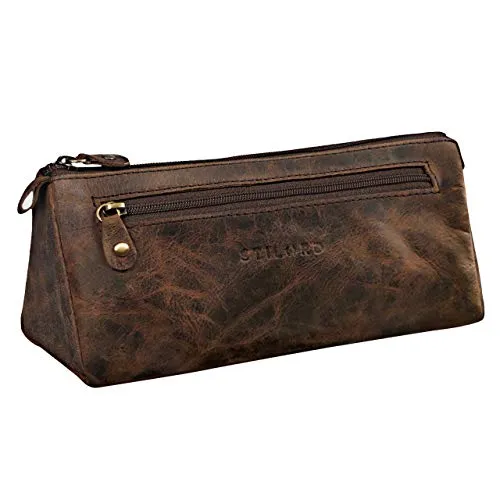STILORD Alexis Vintage Leder Etui Stiftemappe mit 2 Fächern und Reißverschluss Federtasche Federmäppchen Schlampermäppchen Echtes Leder Farbe:Sepia - braun