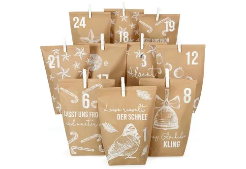 PAPIERDRACHEN befüllbarer Adventskalender DIY Adventskalender - 24 Geschenktüten, 24 Zahlenaufkleber & Klammern