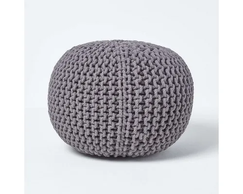 Homescapes Runder Strickpouf aus 100% Baumwolle, grau - Stylischer runder Pouf aus 100% Baumwolle, ideal als Fußhocker oder Beistelltisch. Mit robustem Bezug und optimalem Sitzkomfort – perfekt für Wohnzimmer oder Schlafzimmer.