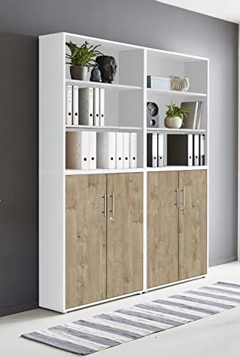 Schrankwand TABOR 11 - Büroregal mit abschließbaren Türen - Home-Office-Aufbewahrungsschränke mit 2 abschließbaren Türen und verstellbaren Einlegeböden, ideal für sichere Aufbewahrung von Akten und Büromaterialien.