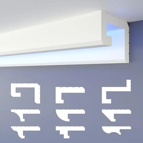 HEXIMO LED-Schattenfugenprofil Stuckleisten, indirekte Beleuchtung XPS-Styropor-Trockenbau-Deckenlichtleisten Beleuchtung Styropor-Deckenleisten (30,6 Meter HLED 2)