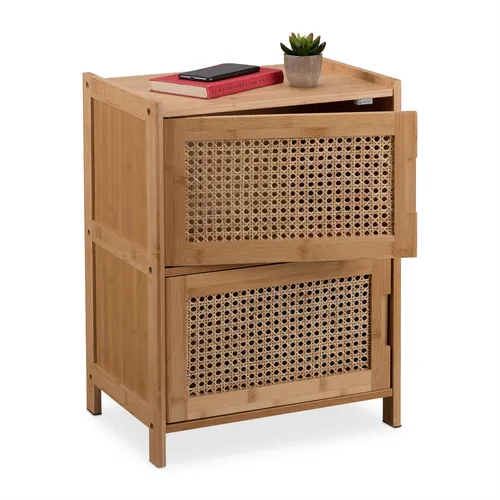 Beistellschrank Rattanschrank 2-türig - Nachttisch aus Bambus und Pflanzenfaser, bietet praktischen Stauraum, ideal für jedes Zimmer, Farbe: Hellbraun, Höhe: 56 cm.