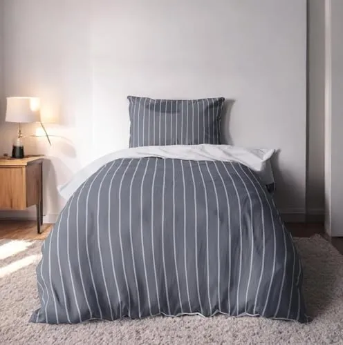 LINKHOFF Biber Bettwäsche 155x220 2tlg. - Wendebettwäsche-Set Grau Anthrazit - Bettwäsche-Sets aus 100% Baumwolle, angenehm weich und hautfreundlich. Pflegeleicht und langlebig, zertifiziert nach ÖKO-TEX Standard 100.