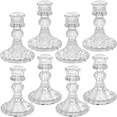 Kerzenhalter aus transparentem Glas, 8-teiliges Set mit kegelförmigen Kerzenhaltern und gestreiften Kerzenhaltern, Zwei Stile für formelle Veranstaltungen, Hochzeit, Festival, Kirche, Party und