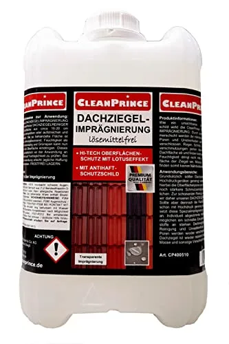Cleanprince 2 Liter Dachziegelimprägnierung Dachziegel-Imprägnierung Dachversiegelung Dachimprägnierung lösemittelfrei Versiegelung CleanPrince Schutz Ziegel Dachziegelschutz Schutzanstrich Schutz vor Witterung Algen Moos Grünspan Wasserflecken Grünbelag, mit Antihaft-Schutzschild,Hightech Oberflächenschutz mit Lotuseffekt, ohne Lösemittel, Ergiebigkeit: 25-30 m² je Liter Imprägnierung