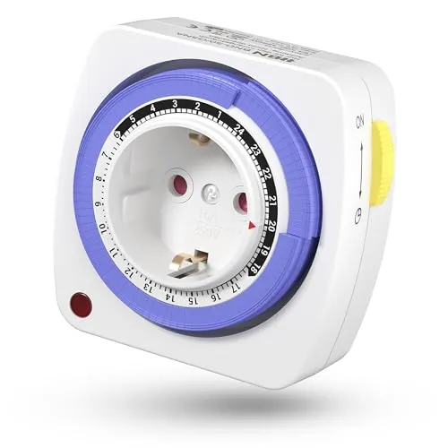 HBN Mechanische Zeitschaltuhr Steckdose, Tagesschaltuhr Analoge Zeitschalt-Steckdose für Innenbereich 24-Stunden-Programm, 15min, 16A/3600W