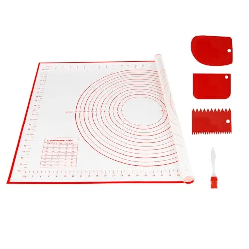 Behiruch Silikon Backmatte mit 3 Teigschabern, 70x50 cm Backzubehör Antihafte Backunterlage mit Messung Rutschfeste Silikonmatte Wiederverwendbar Backblech für Fondant, Teig, Pizza (Rot)