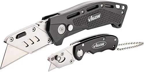 Universal Klappmesser Satz V7099/2 - 2-teilig - Cuttermesser für Lager, Garten, Haushalt und Werkstatt. Einklappbar für mehr Sicherheit, mit schnellem Klingenwechsel und hochwertigem Aluminiumgehäuse.