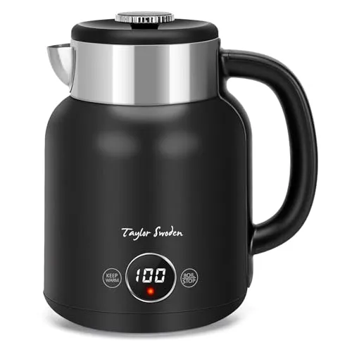 Taylor Swoden Wasserkocher mit Temperatureinstellung, 45°C-100°C, Retro Wasserkocher Edelstahl 1.7 L, Warmhaltefunktion, 2200 W, Schwarz, Asher