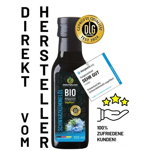 KRÄUTERLAND Bio Schwarzkümmelöl UNGEFILTERT 100ml, kaltgepresst vom Hersteller