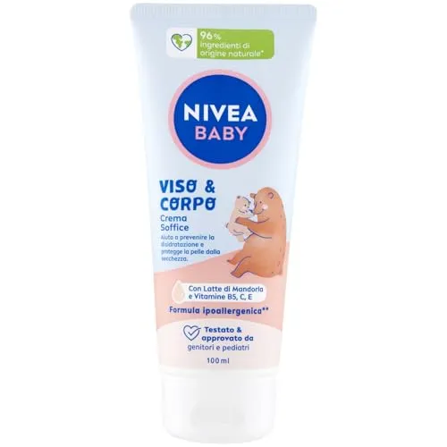 Produktbild NIVEA Baby, Gesichts- & Körpercreme, weich, 100 ml, feuchtigkeitsspendende und pflegende Baby-Körpercreme, Gesichtscreme für Neugeborene mit Mandelmilch und Vitaminen, Baby-Körpercreme gegen