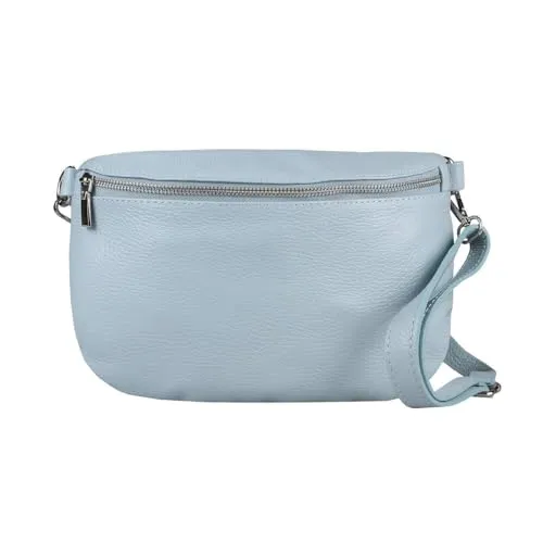 OBC Made in Italy Damen Leder Tasche Gürteltasche Crossbody Hüfttasche Bauchtasche Umhängetasche Cross-Over Bodybag Schultertasche Handytasche (Hellblau)