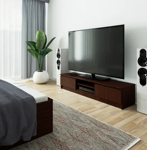 TV-Lowboard 160cm mit 2 Türen und 2 offenen Fächern - Modernes TV-Lowboard mit 160 cm Breite und nur 33 cm Höhe. Ideal für große Fernseher und bietet optimale Multimedia-Organisation mit zwei geschlossenen Fächern und offenen Nischen.