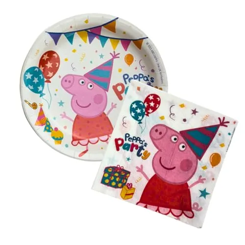 Peppa Wutz Geburtstagsdeko, Kindergeburtstag Deko, Peppa Wutz Party Set, Teller (8u) + Servietten (20u), Dekoriere deinen Tisch mit dem 23 cm Teller und den Servietten (33×33 cm), Kinderparty