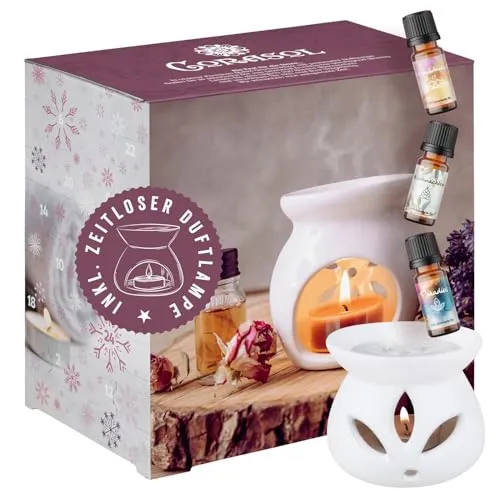 Corasol Adventskalender Premium Raumduft - Adventskalender mit 24 ätherischen Ölen (je 10 ml) und eleganter Duftlampe, ideal für tägliche Entspannung und Wohlbefinden.