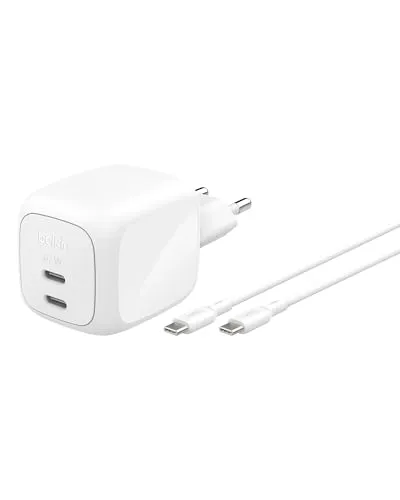Belkin BoostCharge 67 W Dual USB-C Ladegerät mit PD und Kabel - Leistungsstarkes 67 W Dual USB-C Ladegerät mit Power Delivery und hochwertigem USB-C Kabel. Ideal für schnelles Laden von Smartphones und Tablets.