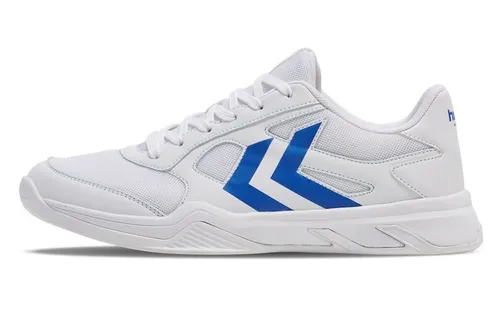 hummel Hallen-Indoorschuhe Teiwaz IV - Herren Badmintonschuh in Weiß und Blau, Größe 47 EU - Herren-Sportschuhe, ideal für Badminton, Squash und Handball mit optimaler Dämpfung und rutschfester Sohle für besten Halt.