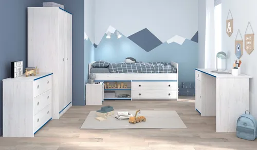 Parisot Jugendzimmer-Set Tivaro, (Komplett-Set 5-teilig in Kiefer weiß mit blau oder pink, inkl. Stauraumbett und Kleiderschrank), mit extra viel Stauraum