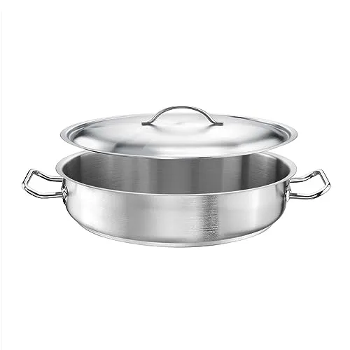 TOMGAST flacher Topf Durchmesser 40 cm mit Deckel PRO | Fassungsvermögen 10 l, Höhe 8 cm | Edelstahl | Gefütterter Boden | Für Kochfeld und Induktion | Spülmaschinenfest