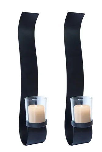 2er Set Wandkerzenhalter Metall mit Glas Wanddeko Kerzenhalter Wandlicht schwarz