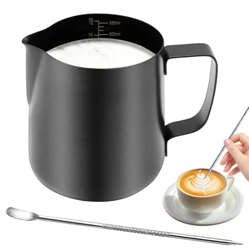 Tbintul 350ml/12oz Edelstahl Milchkännchen, Handheld Milchaufschäumer mit Dekorationsstift & Skala, Milchkanne Barista, Milchkanne Ideale für Espresso, Cappuccino, Latte, Schwarz