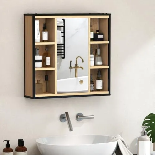 HOMCOM Spiegelschrank mit Spiegel, 60x16x58,5 cm - Eleganter Wandschrank mit praktischem Frontspiegel und vielseitigen Aufbewahrungsmöglichkeiten. Ideal für Badezimmer, platzsparend und im modernen industriellen Stil.