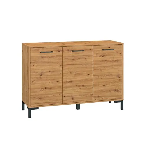 Lomadox Kommode Sideboard mit 3 Türen in Artisan Eiche Nb. - Moderne Kommode in Artisan Eiche Nachbildung, ausgestattet mit 3 Türen und stabilen schwarzen Griffen. Ideal für die stilvolle Aufbewahrung in jedem Wohnraum.