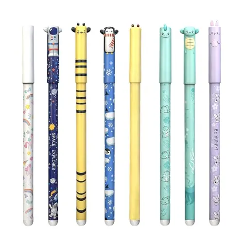 TULAMORIY Set mit 8 radierbare stifte,gelstifte radierbar,radierbaren Gelstiften mit wärmeempfindlicher Tinte,mit den Motiven Pinguin, Biene,Dino,Gel-Radierstiften,Schwarz,Blau,Grün,Rot,0.5 mm