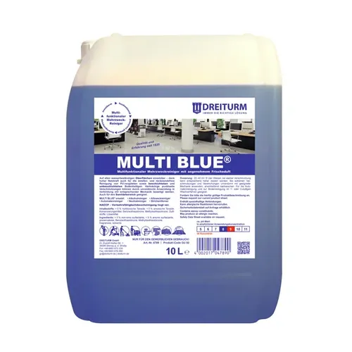Dreiturm Multiblue Mehrzweckreiniger 10 L - Universalreiniger mit angenehmem Duft, ersetzt diverse Reiniger und sorgt für streifenfreie Reinigung auf wasserbeständigen Oberflächen.
