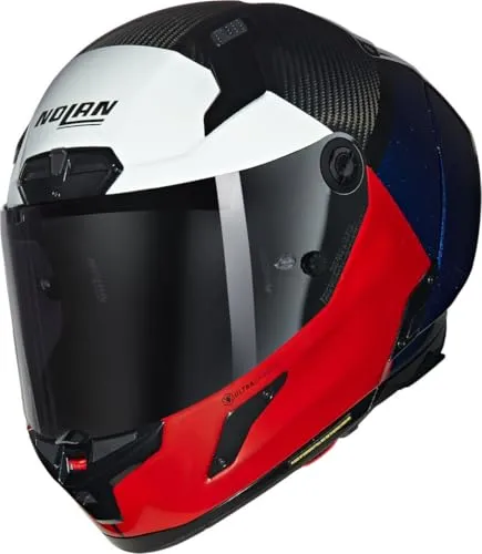 Nolan X-804 RS Ultra Carbon Blocco Integralhelm Rot / Blau / Weiss M - Motorradhelm mit Kohlenstofffaser-Konstruktion, entwickelt für Rennfahrer. Bietet unübertroffene Sicherheit, Komfort und Aerodynamik für Spitzenleistungen auf der Strecke.