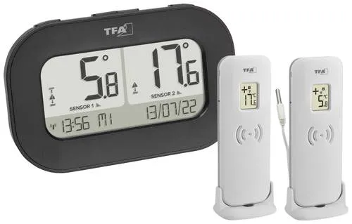 TFA Dostmann DOUBLE-CHECK Funk-Thermometer digital Schwarz 30.3073.01 - Hygrometer mit 2 Funksendern zur präzisen Temperaturkontrolle von -40 bis +60 °C, ideal für Innen- und Außenbereiche.
