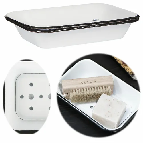 XL Vintage Seifenschale Emaille Shabby Weiß 17cm 2-tlg Seifenhalter Seifenablage